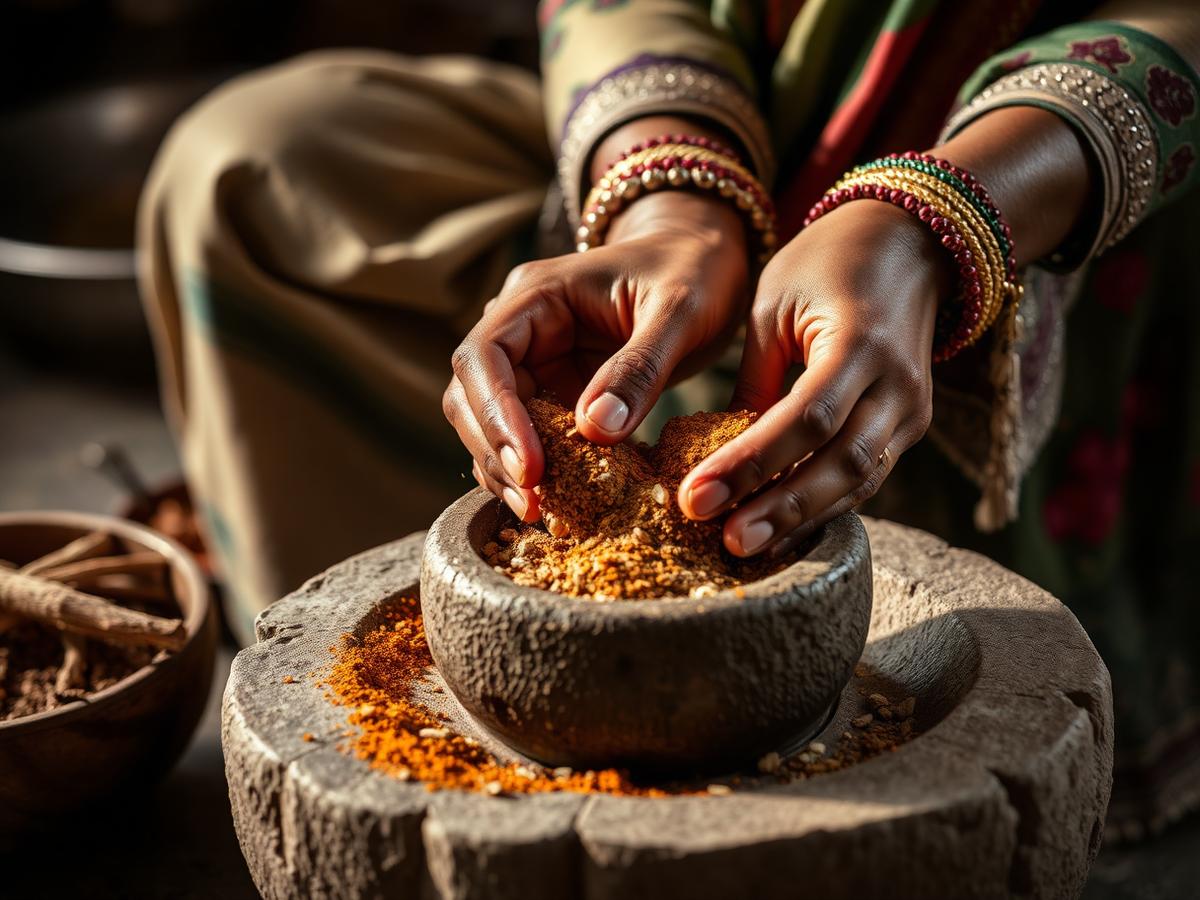 Hands grinding spices in a stone mortar